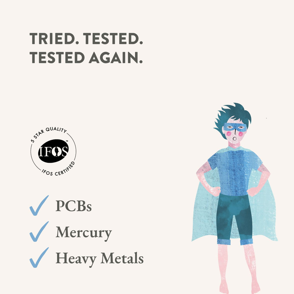 Illustration of a superhero with text about testing for PCBs, mercury, and heavy metals on a white background.