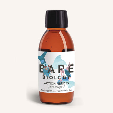 A Bare Biology brown bottle with a black cap, labeled Pure Omega-3 Fish Oil for Kids, contains Action Heroes: Pure Omega-3, 100ml. This supplement includes DHA for brain growth and features blue and red accents with abstract human figures.
