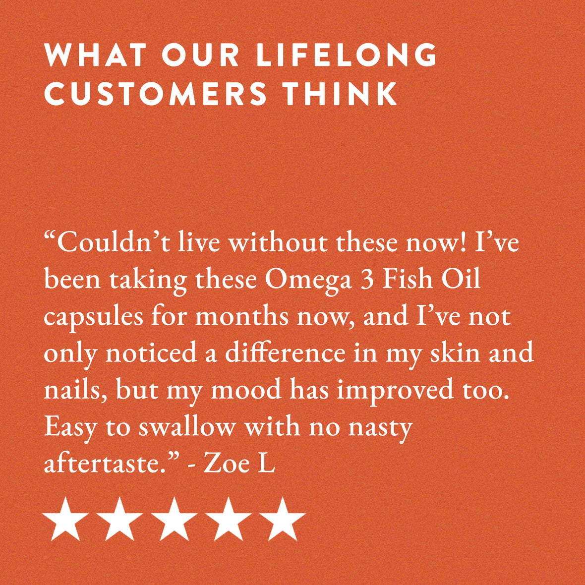 Text on an orange background features a customer review praising Bare Biology Life & Soul Omega-3 Fish Oil Daily Capsules for benefits to skin, nails, mood, and brain support. Five white stars are shown below the review from Zoe L.