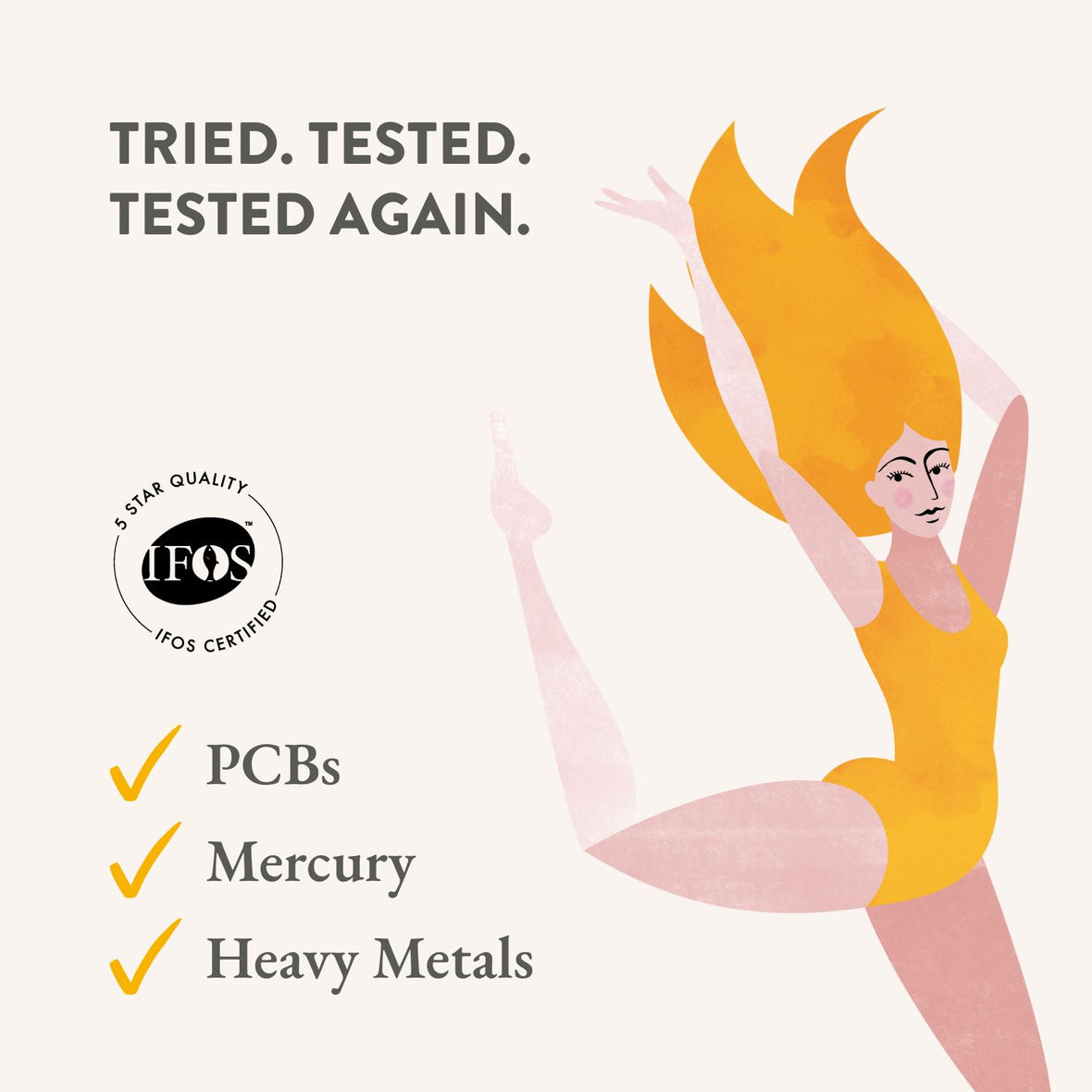 Illustration of a woman in yellow leotard jumping with “Tried. Tested. Tested Again.” Bare Biology Life & Soul Omega-3 Fish Oil Mini Capsules, IFOS 5 Star Certified. Checkmarks: Omega-3 EPA & DHA, No PCBs, No Mercury, No Heavy Metals.