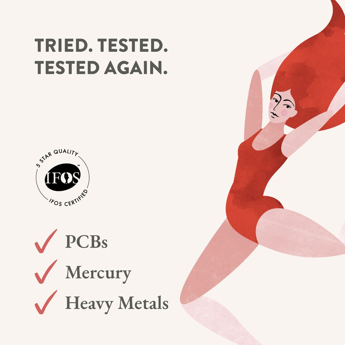 Illustration of a woman with flowing red hair in a red leotard, arms raised. Text: “Tried. Tested. Tested Again.” Pure Omega-3 Liquid Fish Oil by Bare Biology—No PCBs, No Mercury, No Heavy Metals. IFOS 5-star certified high-strength omega-3.