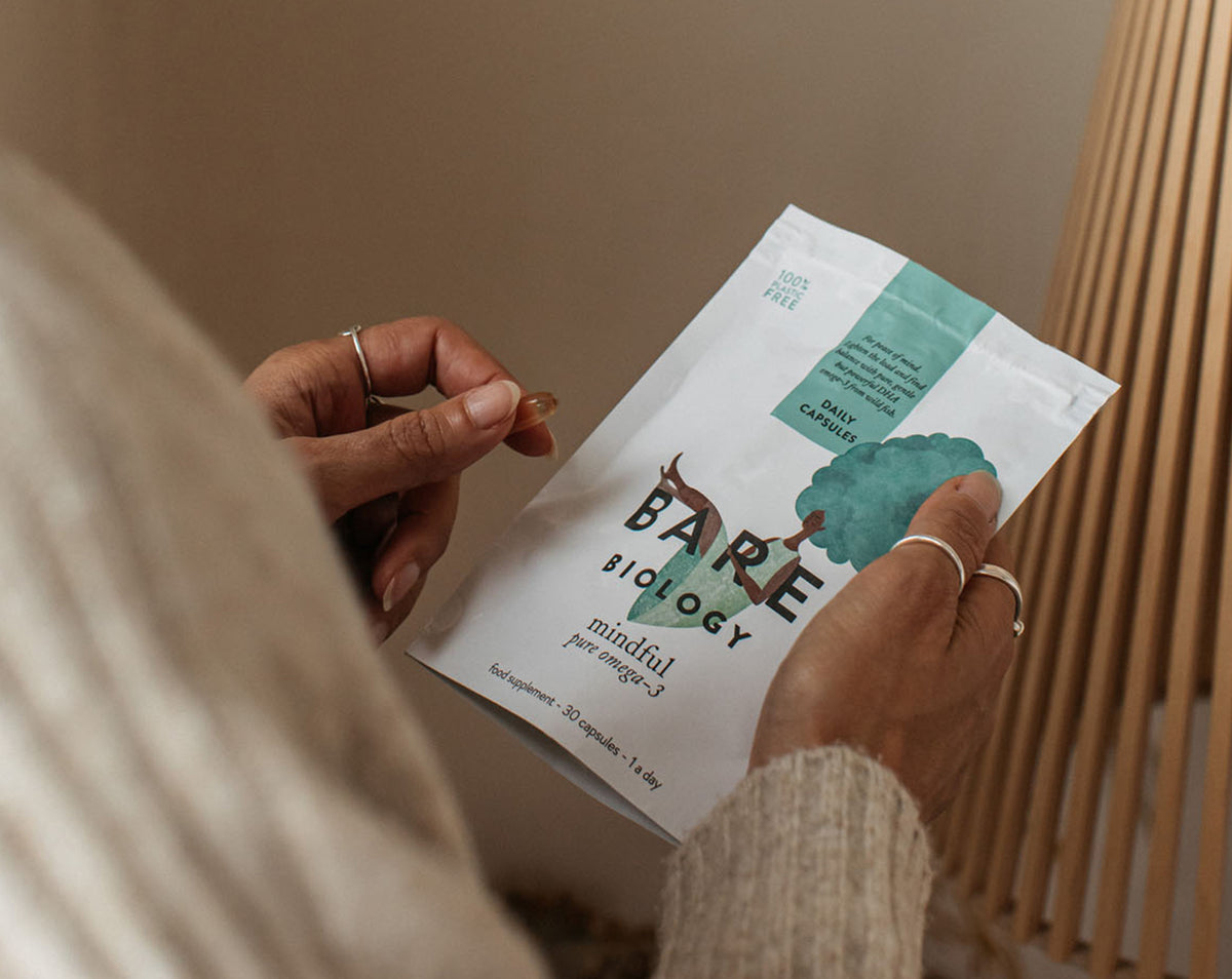 mindful omega-3 capsule and pouch