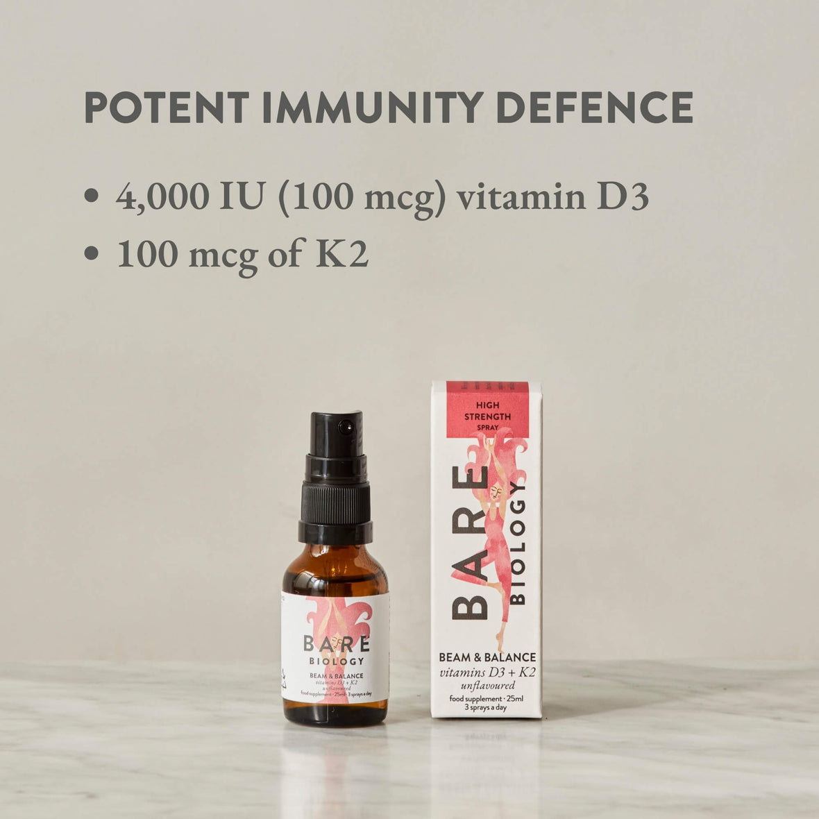 Bare Biology vitamin d spray range with unflavoured labels with nutritional information written in text
