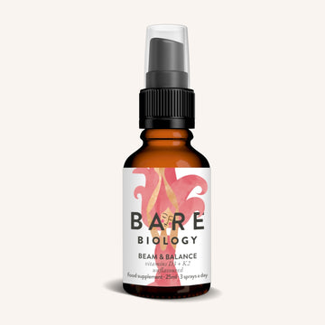 A 25ml amber spray bottle from Bare Biology, labeled Unflavoured Vitamin D3 + K2, showcases an orange and pink wavy design. It highlights bone strength and immunity support, with a sleek black cap finishing this OG supplements essential.