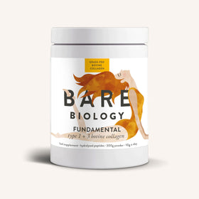 A white container of Bare Biology Pure Bovine Collagen Powder, featuring an illustration of a woman with flowing hair and a yellow label indicating hydrolysed peptides from grass-fed cattle.