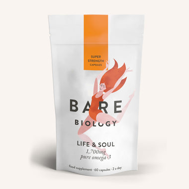 Bare Biology life and soul super strength omega-3 fish oil supplement pouch with colourful illustration on the front of the packaging
