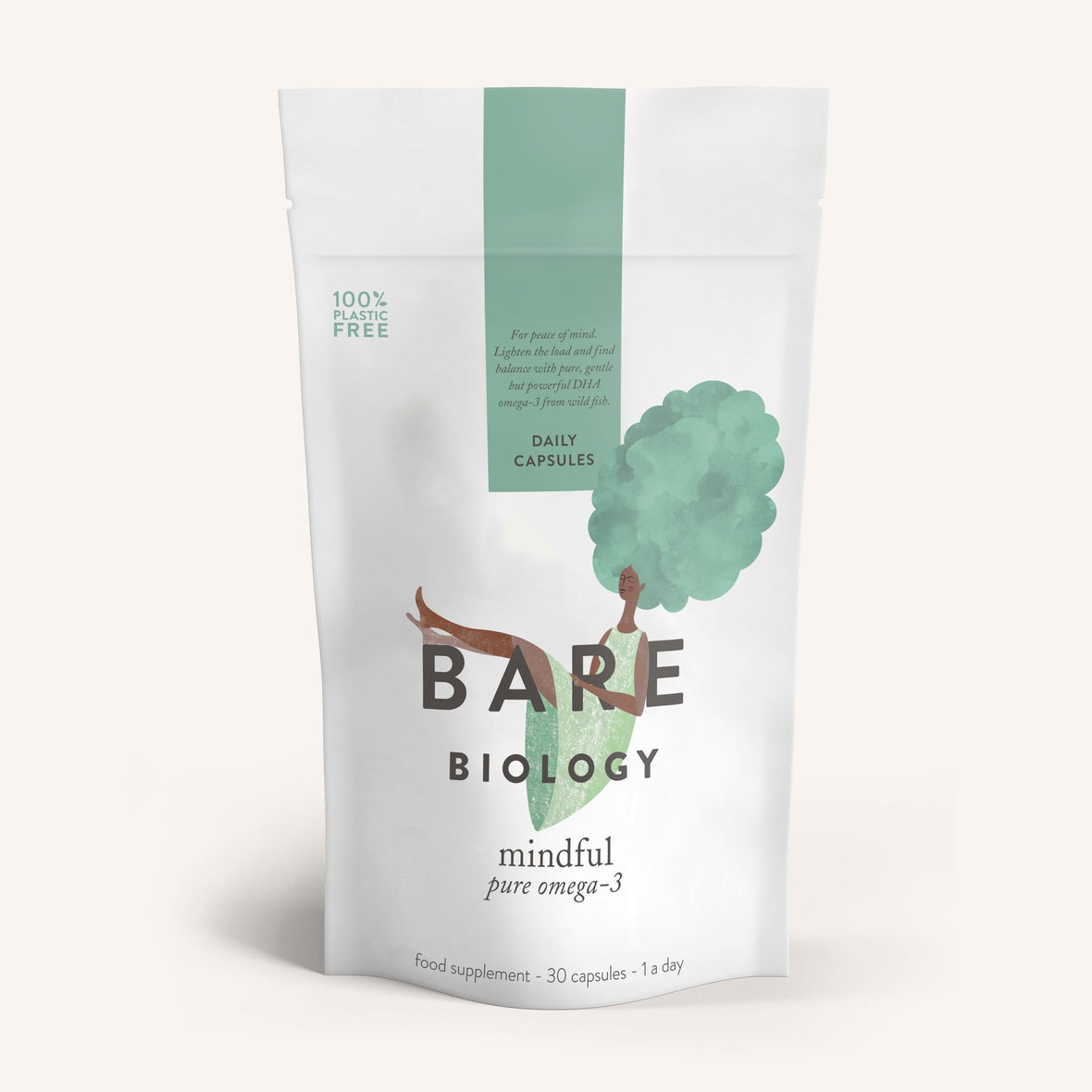 Bare Biology Pure DHA Omega-3 Capsules have minimalist packaging with an illustration of a woman with tree-like hair, symbolising mindfulness. The pack contains 30 capsules and is made from 100% plastic-free materials.