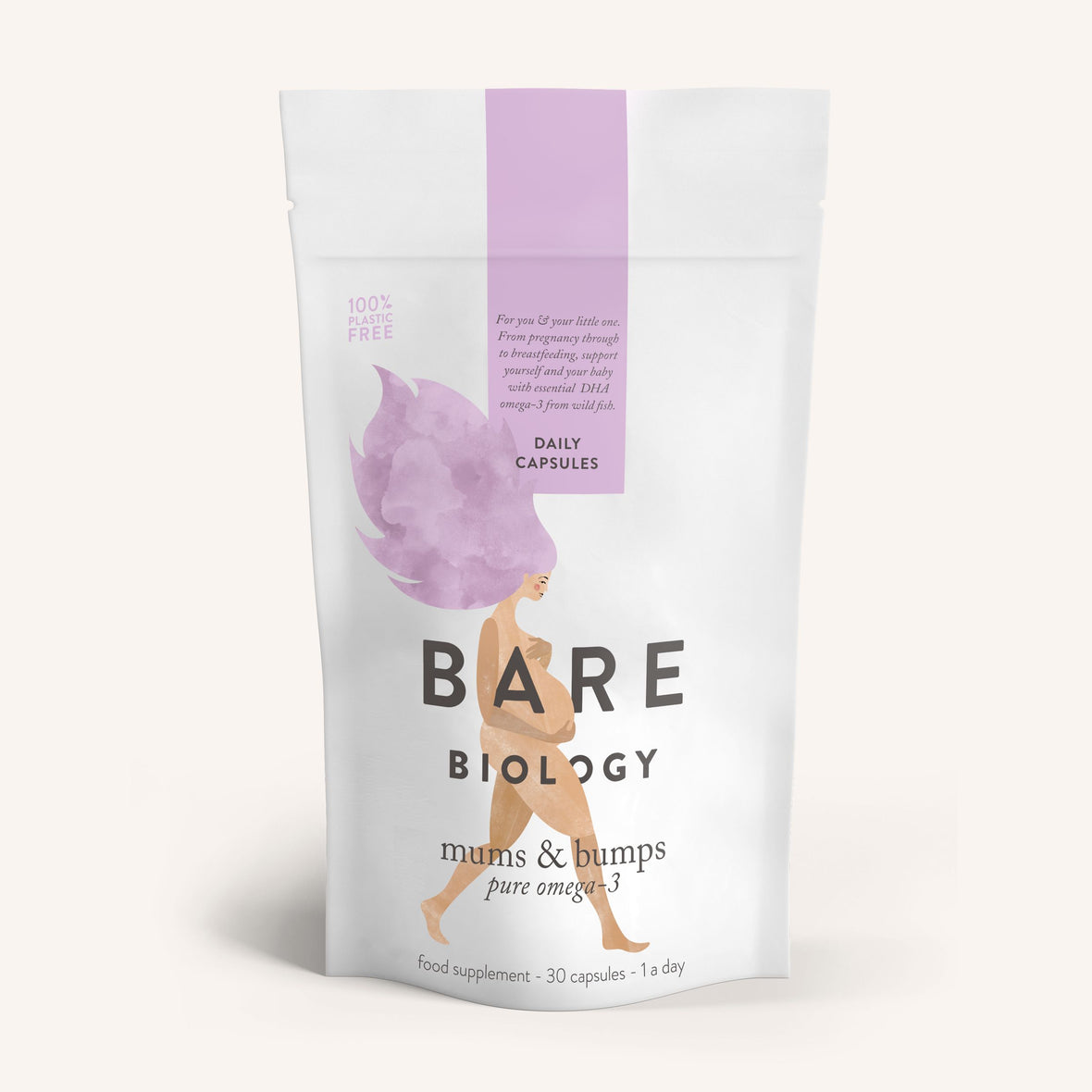 One white pouch of Bare Biology Mums & Bumps Omega-3 Fish Oil Capsules for Pregnancy, featuring an illustrated woman with pink hair, highlighting DHA for developing babies and containing a label for daily capsules.