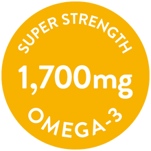 A circular yellow badge with white text reading 'SUPER STRENGTH 1,700mg OMEGA-3' on a white background.