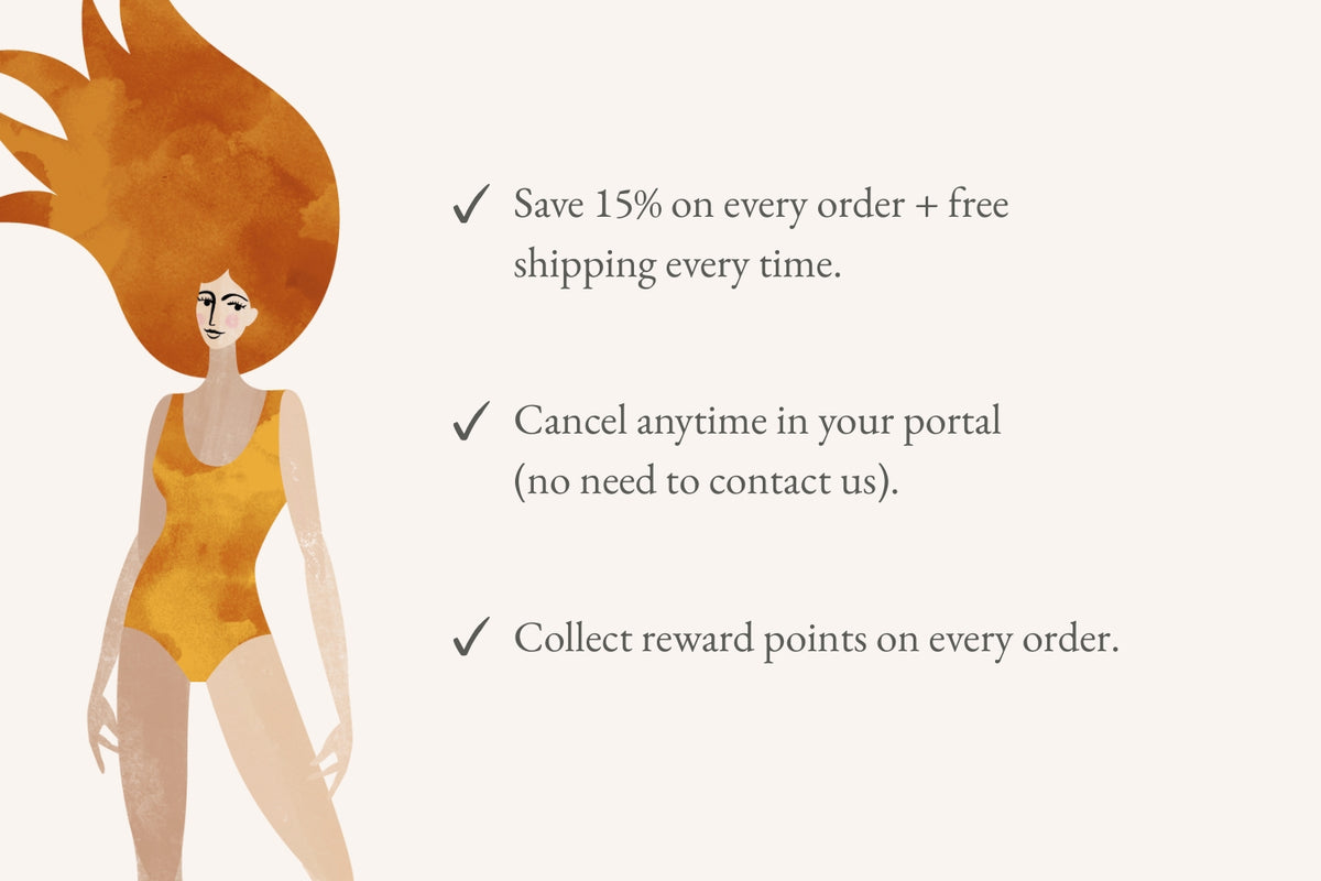 Illustration of a woman in a yellow swimsuit with promotional text on a white background