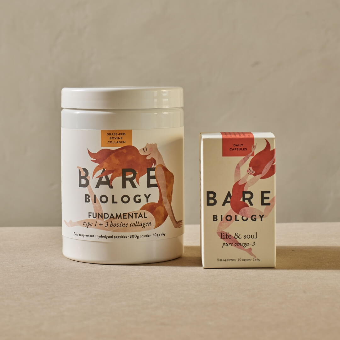 Bare Biology bovine collagen tub and a box of daily omega-3 capsules on a beige background