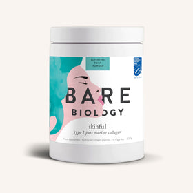 A white cylindrical container from Bare Biology, featuring an artistic face illustration and a blue certification logo, holds Skinful Pure Marine Collagen Powder, sustainably sourced from Norwegian cod.