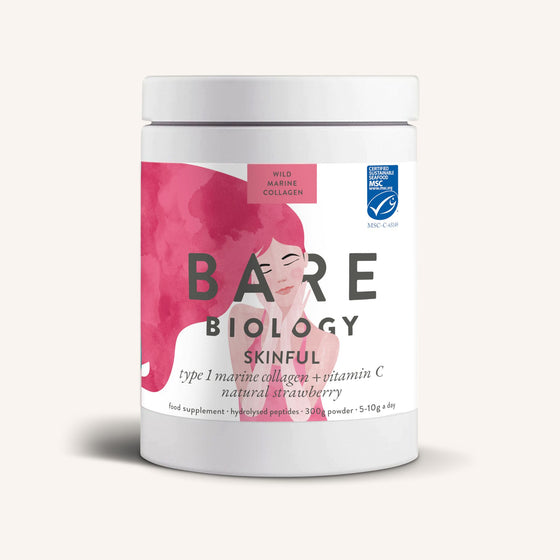 A tub of Bare Biologys Marine Collagen With Vitamin C: Strawberry Flavour features an artistic profile of a woman. MSC certified, it contains type 1 marine collagen powder and vitamin C for enhanced wellness.