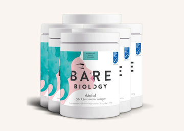 Bare Biology Skinful Pure Marine Collagen powder containers on a white background