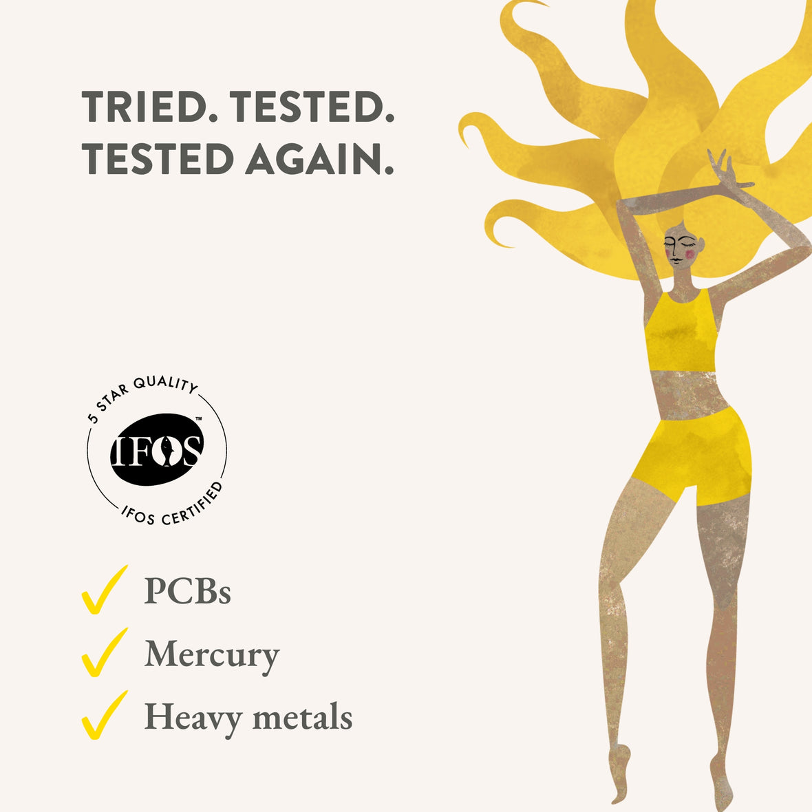 A Bare Biology illustration of a colourful lady with text on the image highlighting how products are third party tested