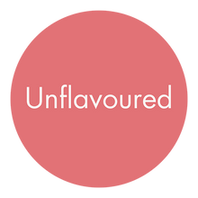 Unflavoured white text on a pink circle