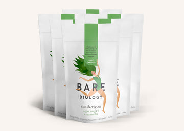 Bare Biology supplement pouches of Vim and Vigour Vegan supplements on a white background