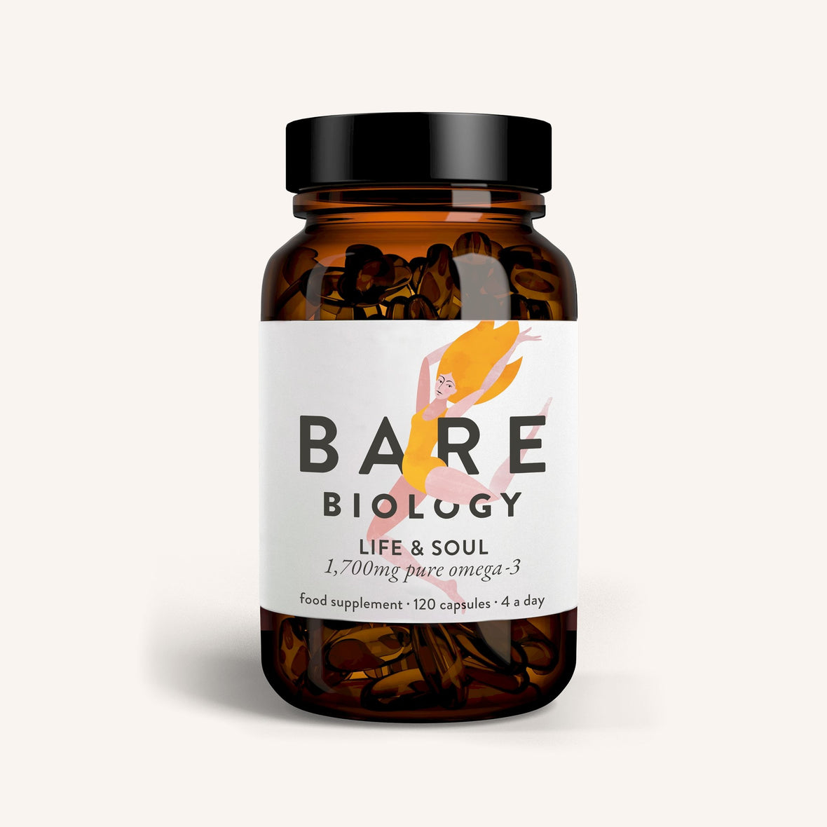 A jar of Bare Biology Life and Soul omega-3 fish oil mini capsules with colour illustration design on the label of the packaging