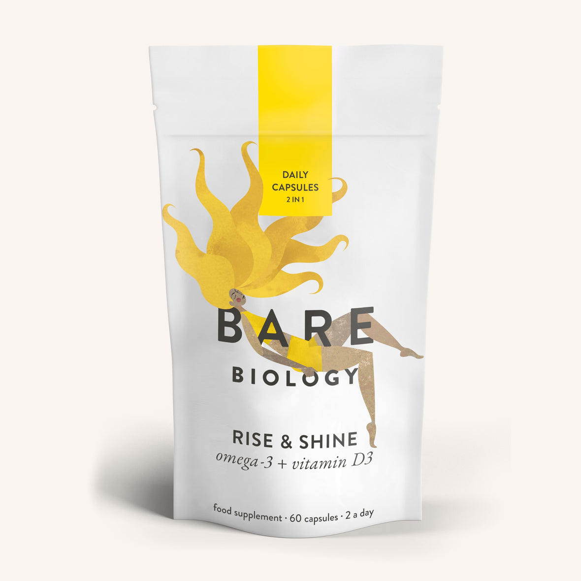 Bare Biology supplement package with yellow and white design on a white background