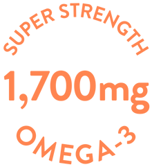 Super strength Omega-3 supplement label with large orange text on a white background