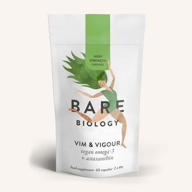 Package of Bare Biology vim & vigour supplement with a lady with green flowing hair design on a white background