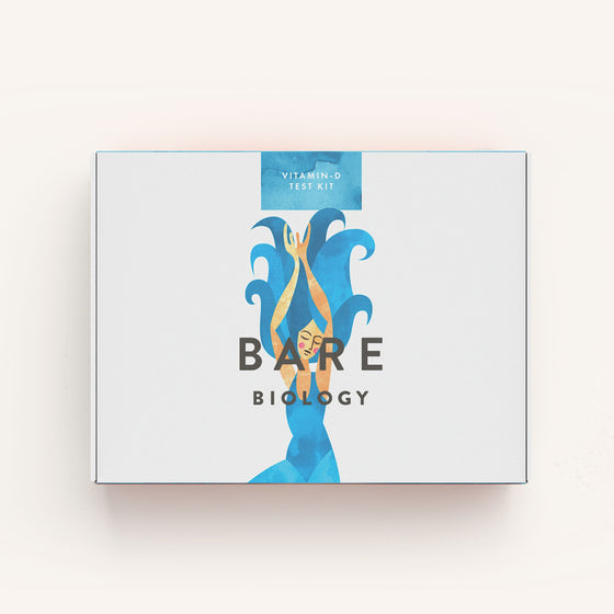 Bare Biology Vitamin D test kit with colourful illustration on packaging of lady with blue wavy hair.