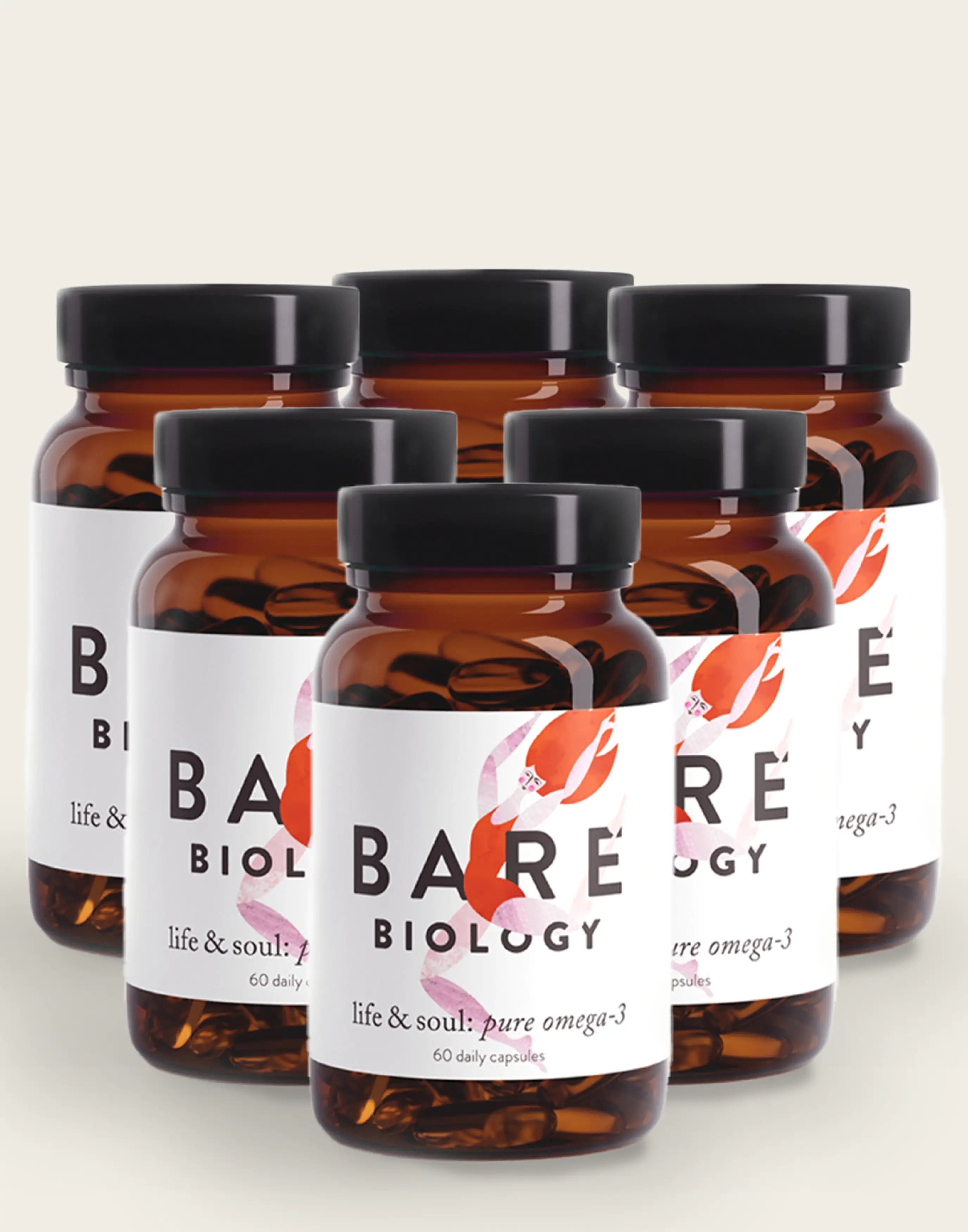 Life & Soul x6 Pack Glass Jar Daily Omega3 Capsules Bare Biology