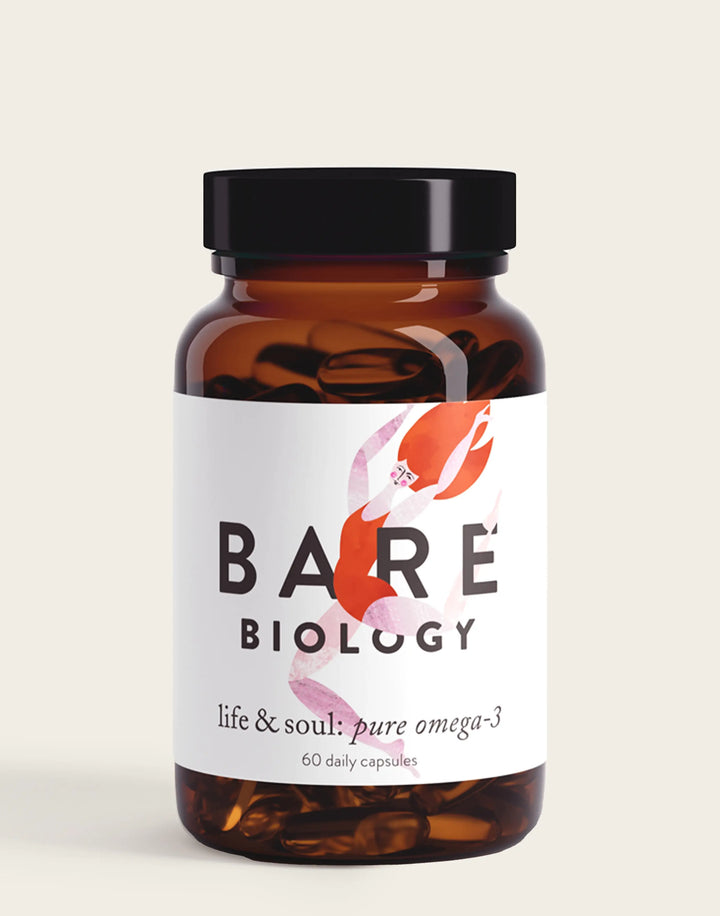 bare biology life & soul omega 3 daily capsules pack shot on white background