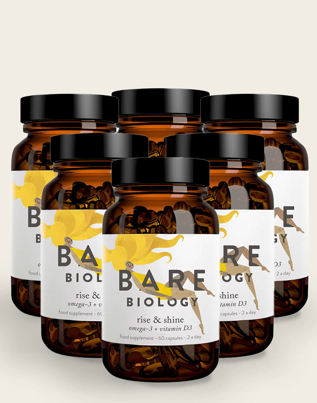 bare biology rise & shine omega 3 fish oil and vitamin d3 supplement bottles shot on white background