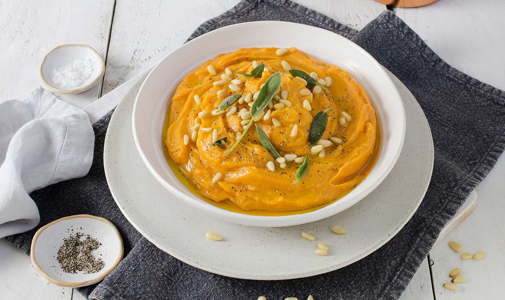 Luxury sweet potato mash with olive oil and sage crisps