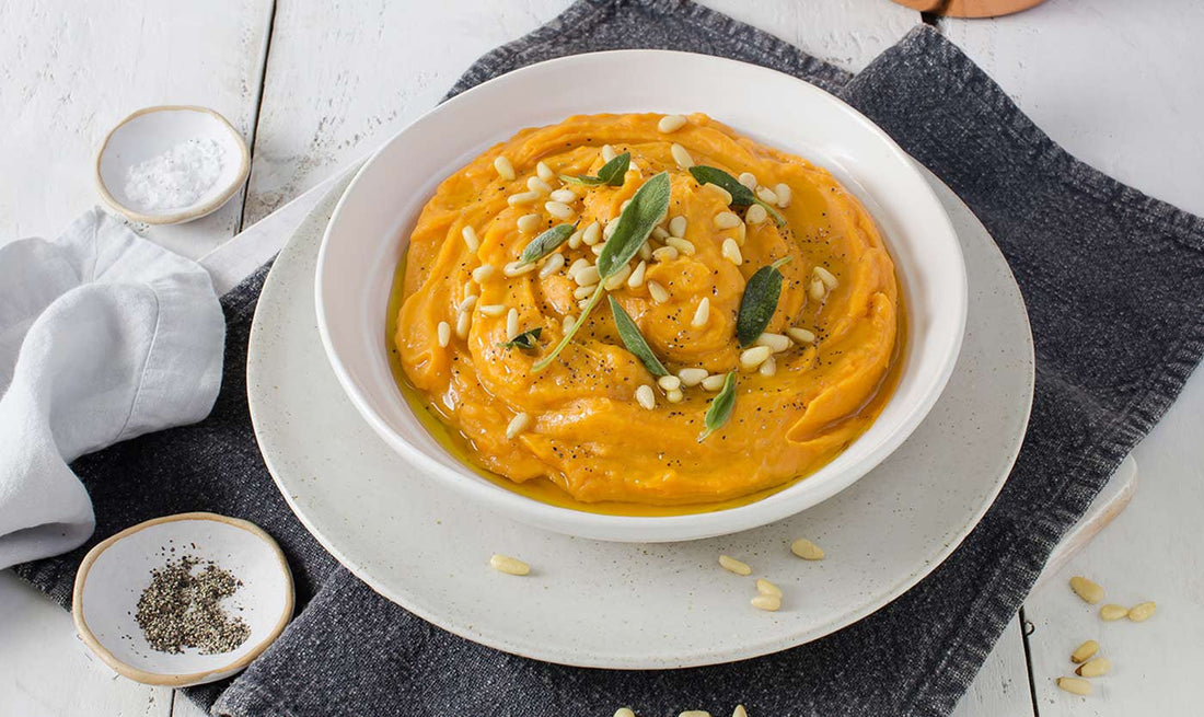 Luxury sweet potato mash with olive oil and sage crisps