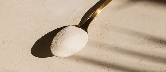 collagen powder on a gold spoon in the sun