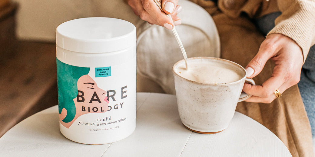 collagen latte with bare biology skinful marine collagen powder