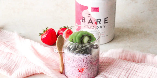 Bright berry chia pudding made with Bare Biology Strawberry Flavoured Skinful Marine Collagen + Vitamin C.