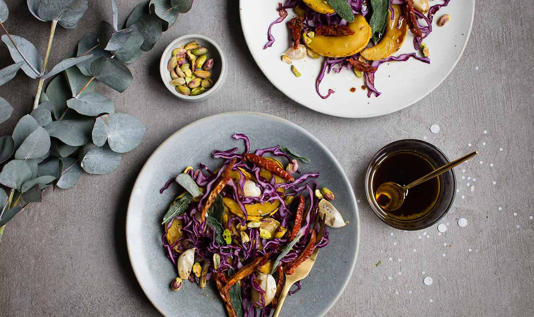 Valentine’s Day balsamic roasted harlequin squash with pomegranate and crispy sage 