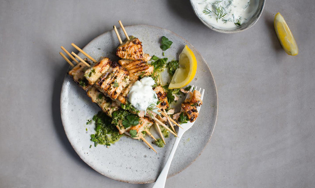 Paleo crust salmon skewers