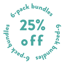 Promotional graphic with '6-pack bundles' text and '25% off' offer on a white background.