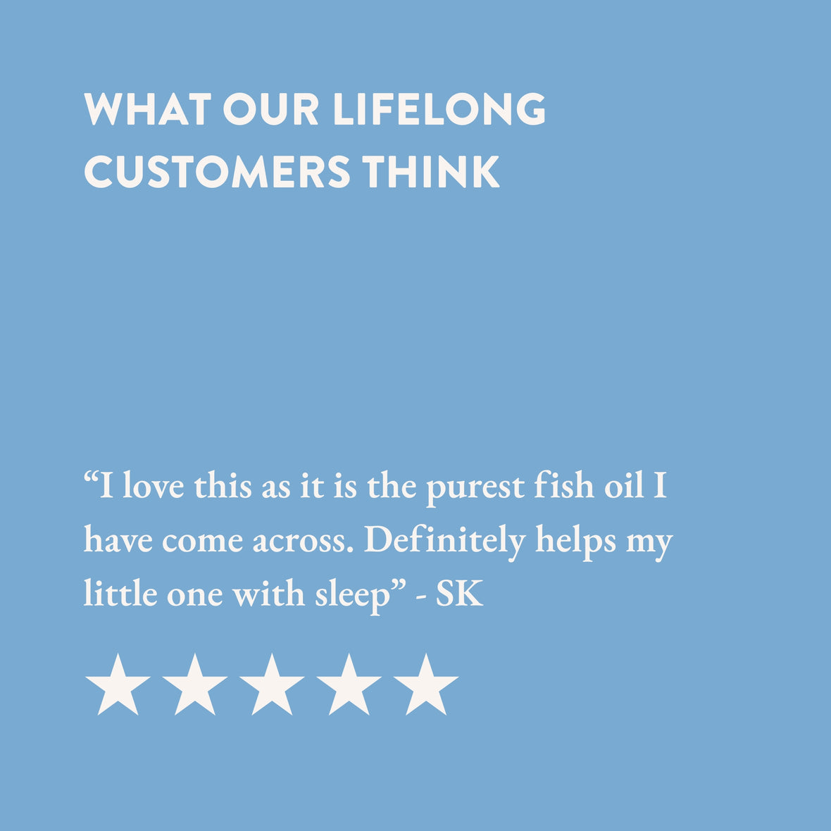 Blue background with white text and five-star rating detailed in writing