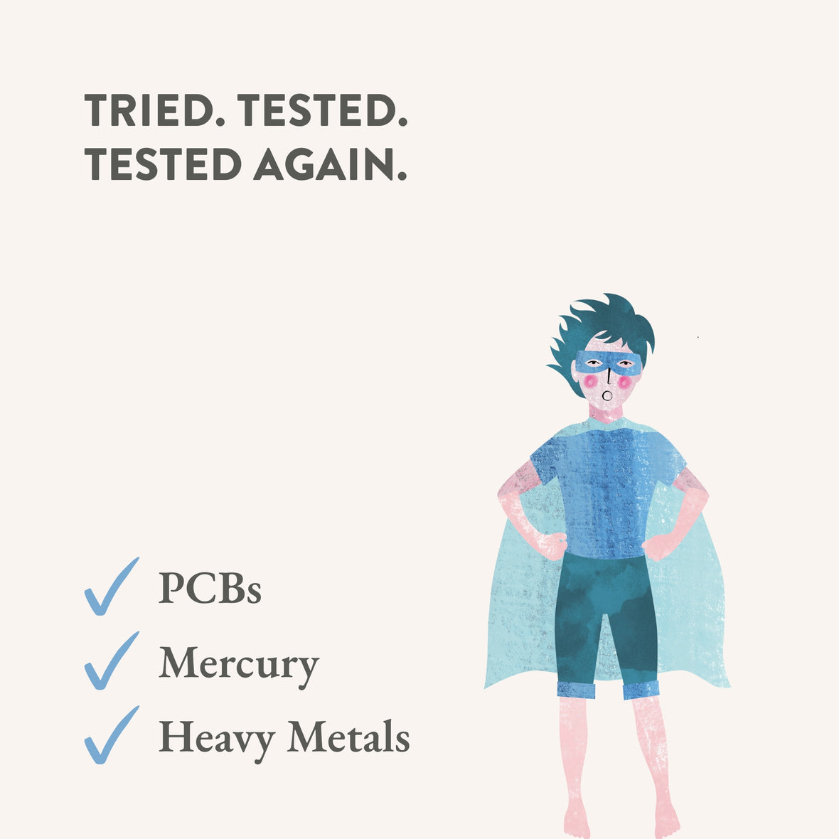 Illustration of a superhero with text about testing for PCBs, mercury, and heavy metals on a white background.