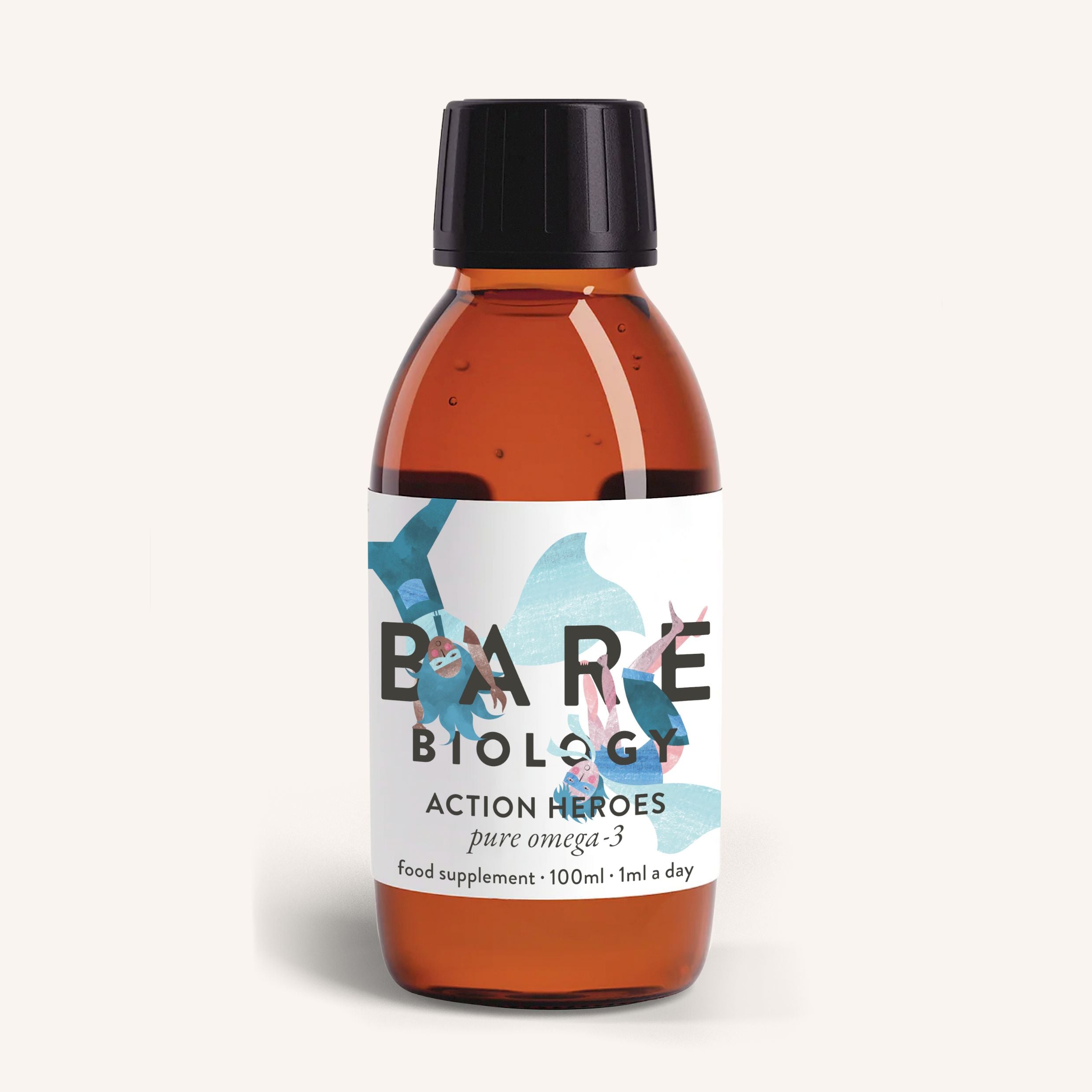 A Bare Biology brown bottle with a black cap, labeled Pure Omega-3 Fish Oil for Kids, contains Action Heroes: Pure Omega-3, 100ml. This supplement includes DHA for brain growth and features blue and red accents with abstract human figures.