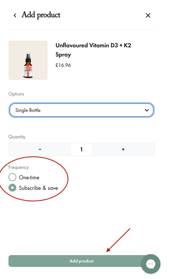 instructions from the Bare Biology portal on how to add another subscription product to your subscription. The subscribe & save option is circled and there's an arrow pointing to the add product button.
