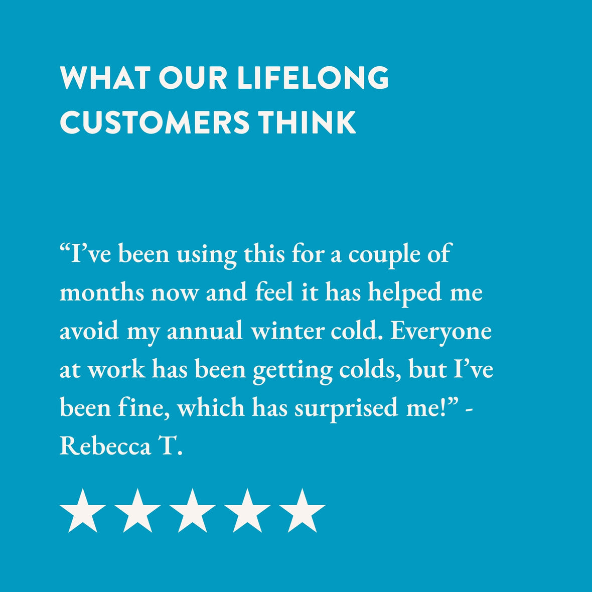 Bare Biology Vitamin D + K2 Customer review with five stars written out in plain text in white writing against a blue background