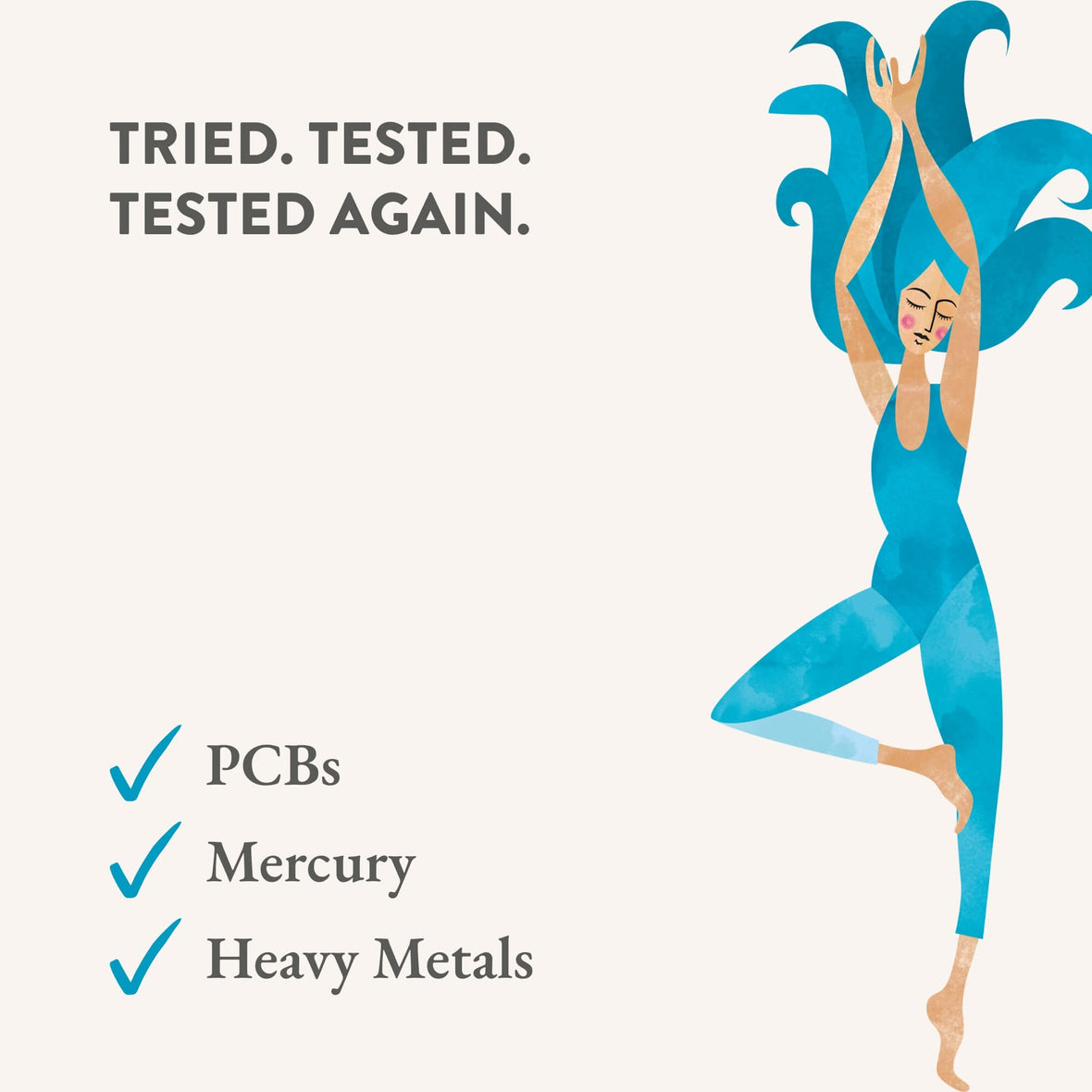Tick list of why bare biology is different with an illustration of a blue lady in a yoga pose