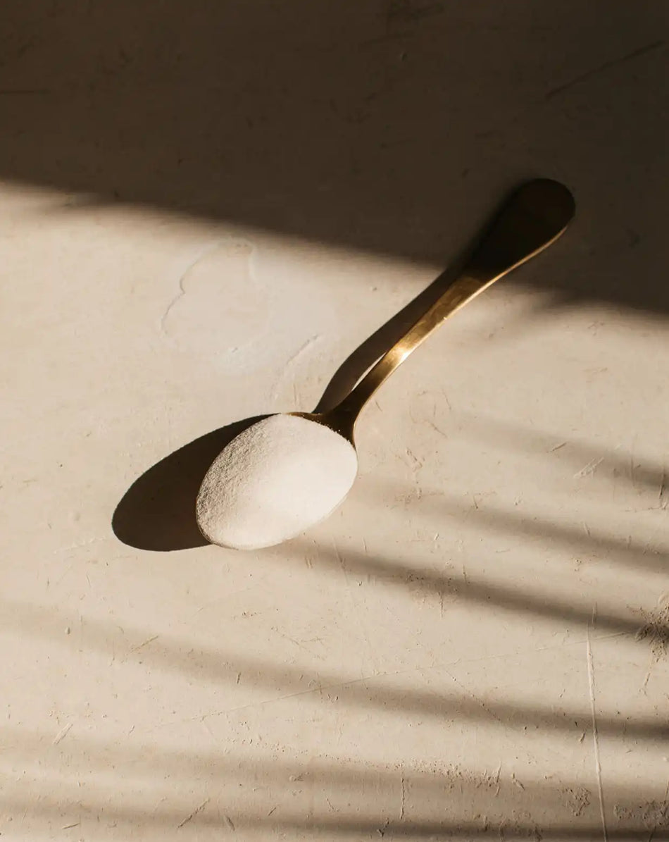 bare biology skinful marine collagen on a gold spoon