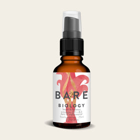 A 25ml amber spray bottle from Bare Biology, labeled Unflavoured Vitamin D3 + K2, showcases an orange and pink wavy design. It highlights bone strength and immunity support, with a sleek black cap finishing this OG supplements essential.
