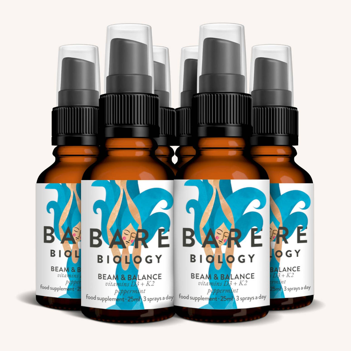 A collection of Bare Biology 25ml amber bottles with black spray tops, featuring a blue label with an abstract design and white text. The product is named Vitamin D3 with Vitamin K2 Spray, promoting immune health.