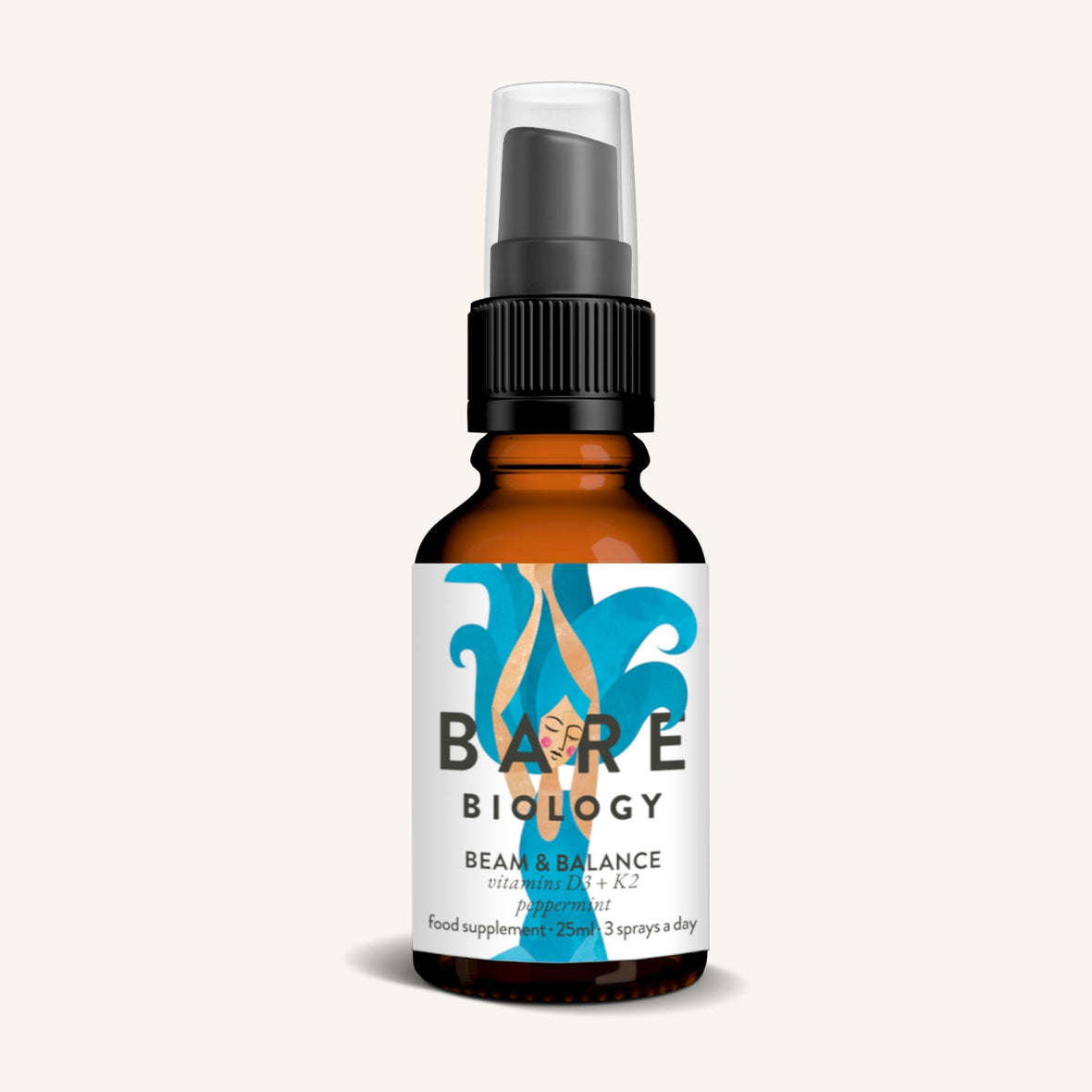 Bare Biology Vitamin D3 with Vitamin K2 Spray in a small 25ml amber bottle with a black pump cap. Featuring blue wave graphics, it highlights vitamin D3 and K2 for immune health and is enhanced with a natural raspberry flavour for delightful wellness support.