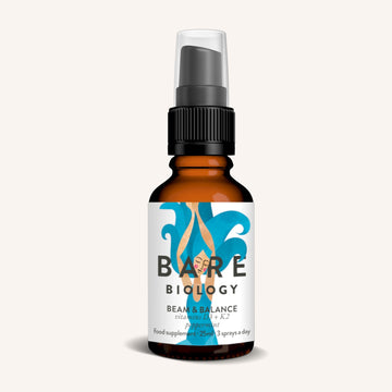 Bare Biology Vitamin D3 with Vitamin K2 Spray in a small 25ml amber bottle with a black pump cap. Featuring blue wave graphics, it highlights vitamin D3 and K2 for immune health and is enhanced with a natural raspberry flavour for delightful wellness support.