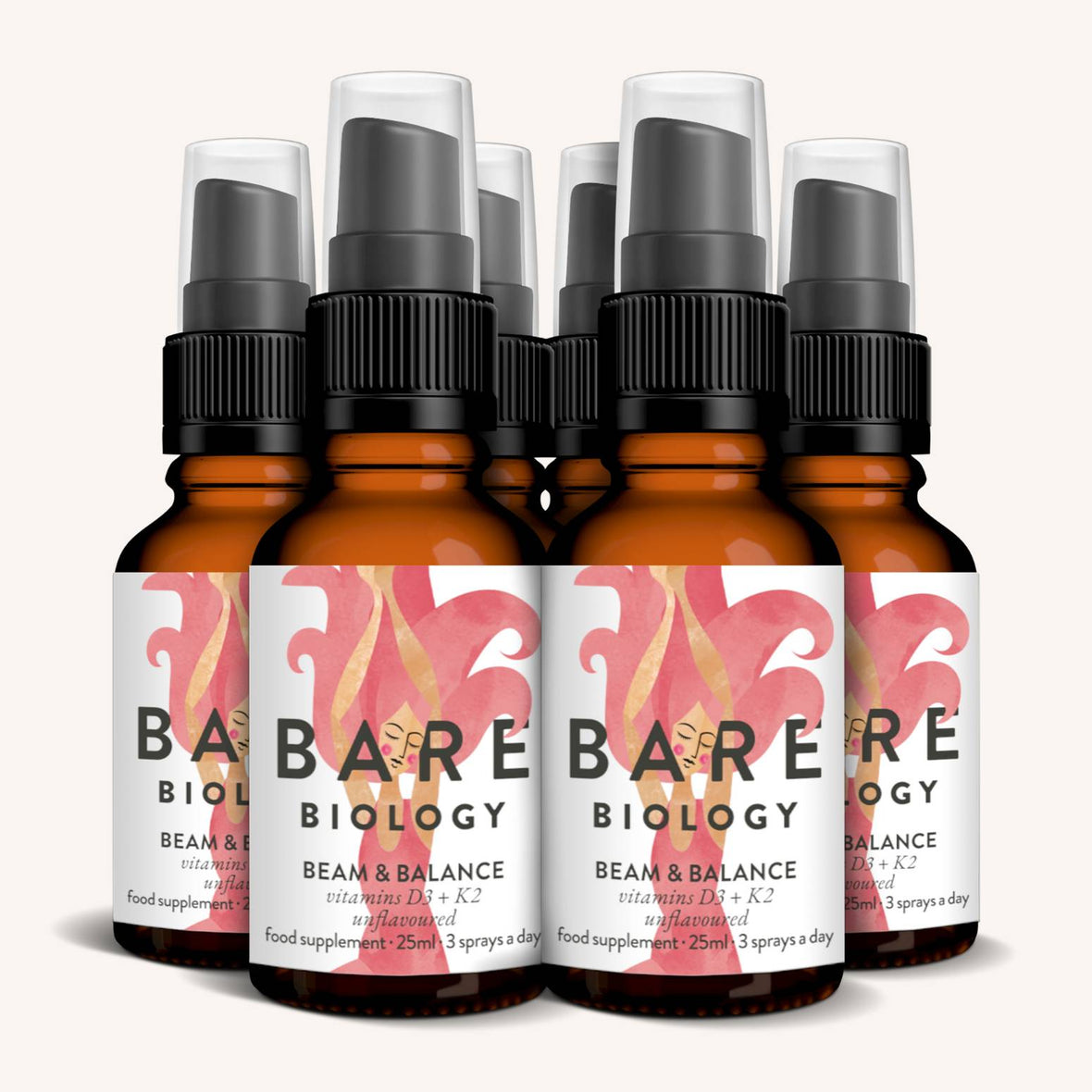 Six amber spray bottles with black caps, labeled Bare Biology, are arranged in two rows. Their labels, featuring stylized red and orange designs, allude to plant-based supplements. Each 25ml bottle contains unflavoured Vitamin D3 + K2 Spray designed to naturally support your immunity.