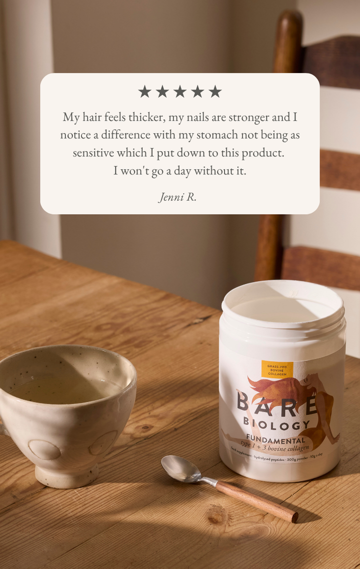 Bare Biology fundamental bovine collagen product on a wooden table with a customer review above it.